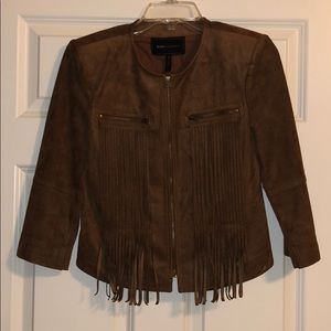 BCBG cropped brown fringe suede jacket